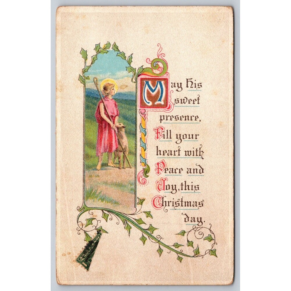 Antique Postcard Christmas Joy Shepard Lamb Staff c1905 Posted Maryland Stamp